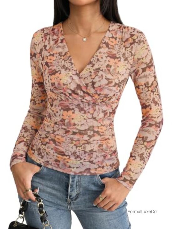 Tops - Boho Mesh Long Sleeve Wrap V Neck Floral Blouse with Ruched Waist